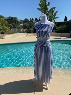 Striped Blue and White Smocked Midi Skirt and Tube Top Set